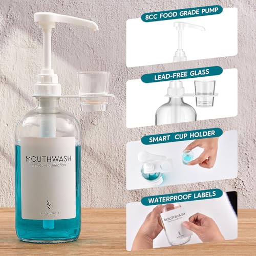 Onsogi Glass Mouthwash Dispenser with Cup Holder and Pump, 16 Oz Rustic Boho Mouthwash Dispenser for Bathroom Farmhouse Decor - 1 Pack Clear - Image 5