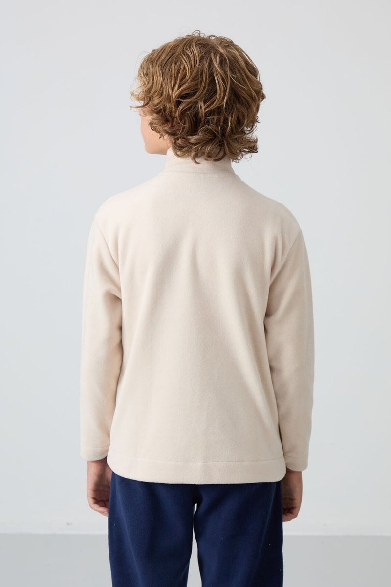 Beige Thick Soft Texture Standard Fit Embroidered Polar Fleece Boy Sweatshirt - 11223