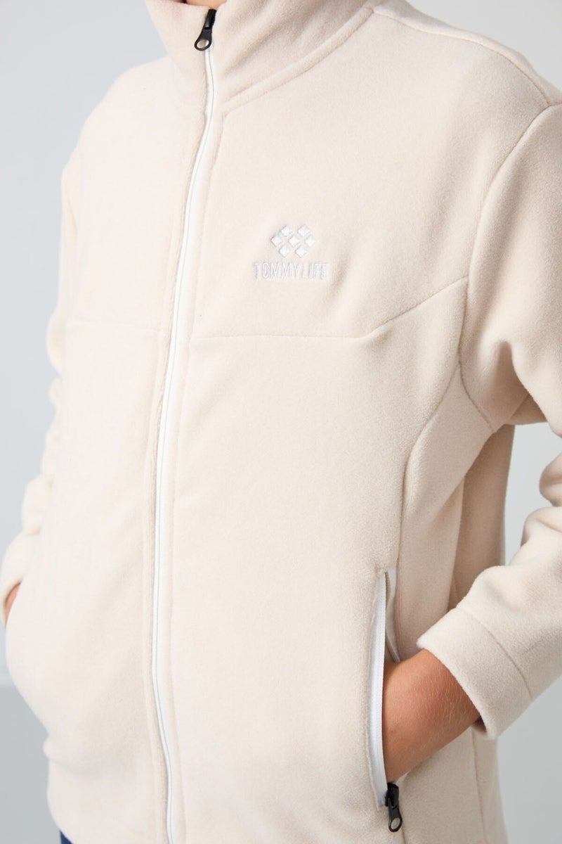 Beige Thick Soft Texture Standard Fit Embroidered Polar Fleece Boy Sweatshirt - 11223