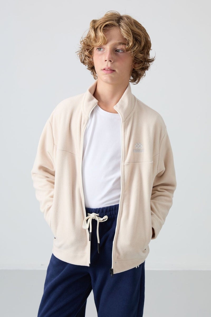 Beige Thick Soft Texture Standard Fit Embroidered Polar Fleece Boy Sweatshirt - 11223