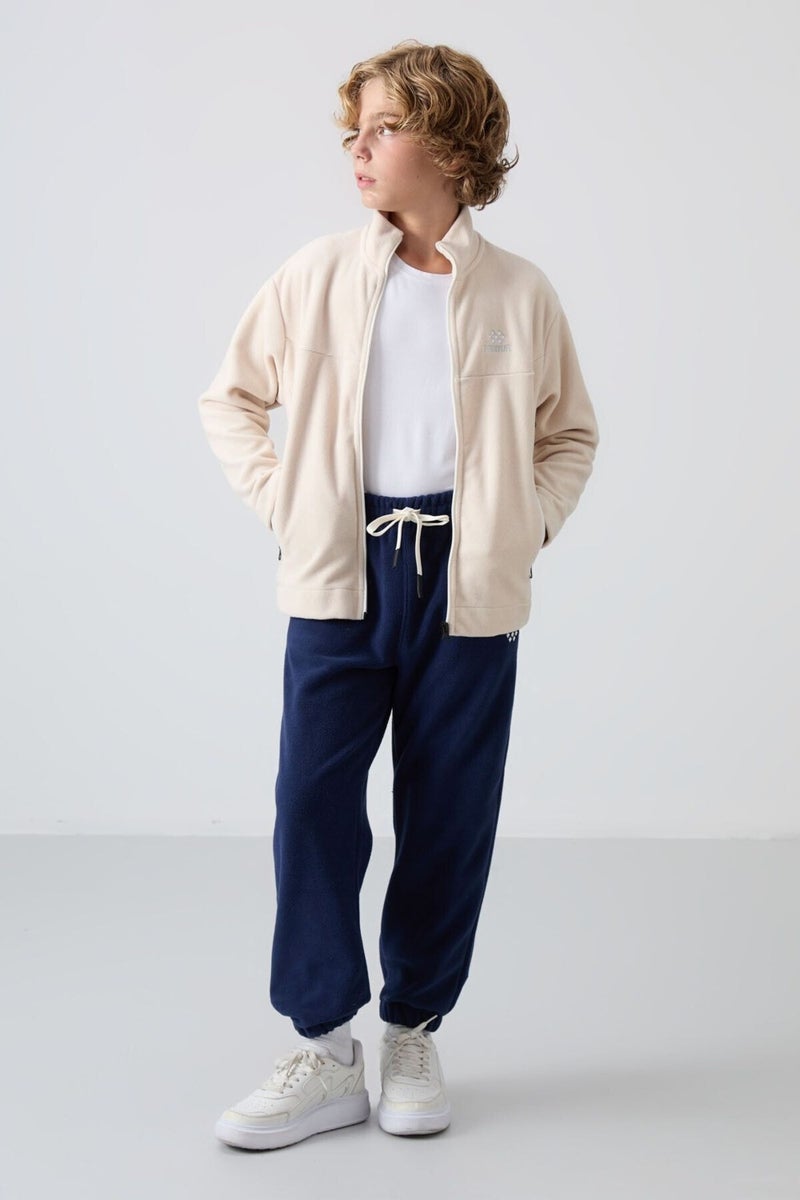 Beige Thick Soft Texture Standard Fit Embroidered Polar Fleece Boy Sweatshirt - 11223