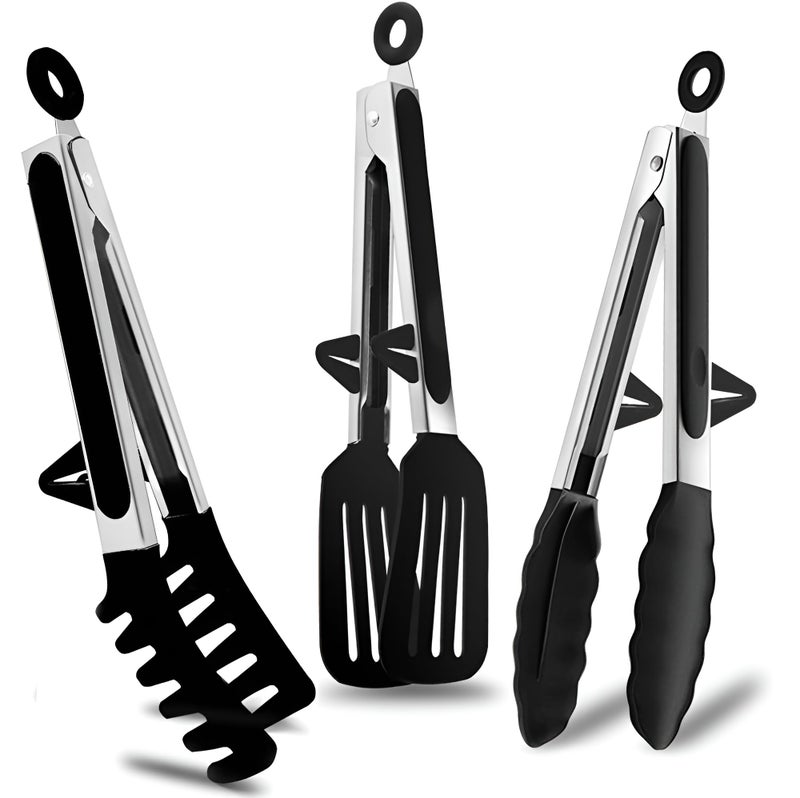 YOMITH Stainless Steel Kitchen Tongs with Silicone Head, Nonstick Food Grade Cooking Tweezer Chimta for Buffet Multi Purpose Food Serving Tools (Black, 3 PCS Set) - Image 1