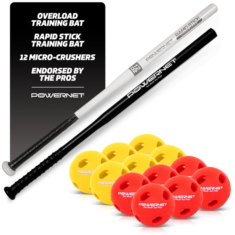 PowerNet Overload Underload Training Baseball Bat Bundle Baseball Training Equipment for Improved Speed Power Coordination 2 Bats 12 Balls