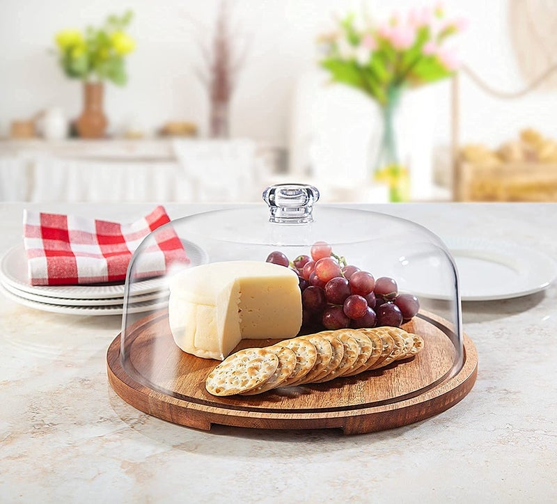 DORATIK حامل كعكة خشبي دوراتيكي مع قبة أكريليك، صينية تقديم كعكة مستديرة، خضار، حلوى، خبز، تستخدم كوعاء سلطة أو مشروبات في المطبخ المنزلي، مظهر منحني جميل - Image 2