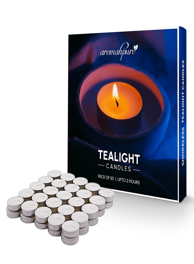 Aromahpure Unscented Decorative Tealight Candles | Wax Tealight Candle | 8 gm, 50 Pcs| Unscented Smokeless Candles | 2 Hours Burning Time Guaranteed | for Home Decoration & Celebration - Image 1