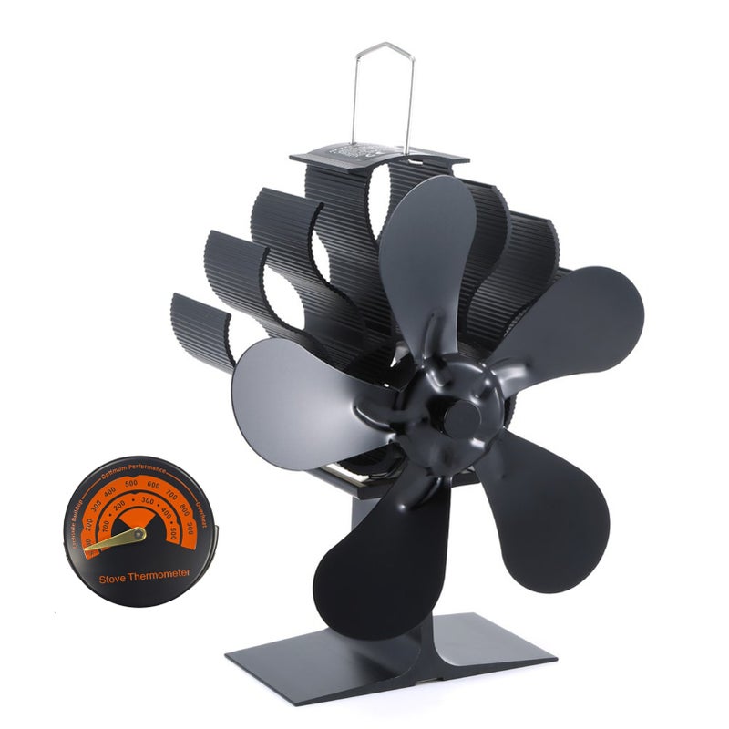 Fireplace Heat Powered Stove Fan Total 5 Blades Aluminum Alloy Wood Stove Fans Silent with a Magnetic Stove Thermometer for Home Fireplace Efficient Heat Distribution - Image 1