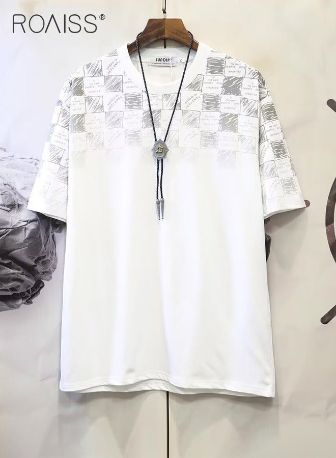 roaiss Men Summer T-shirt, Checked Printed Tops for Men, Short Sleeve Round Neck T shirt, Comfortable Breathable Tees, Suitable for Daily Wear or Any Occasion - Image 3