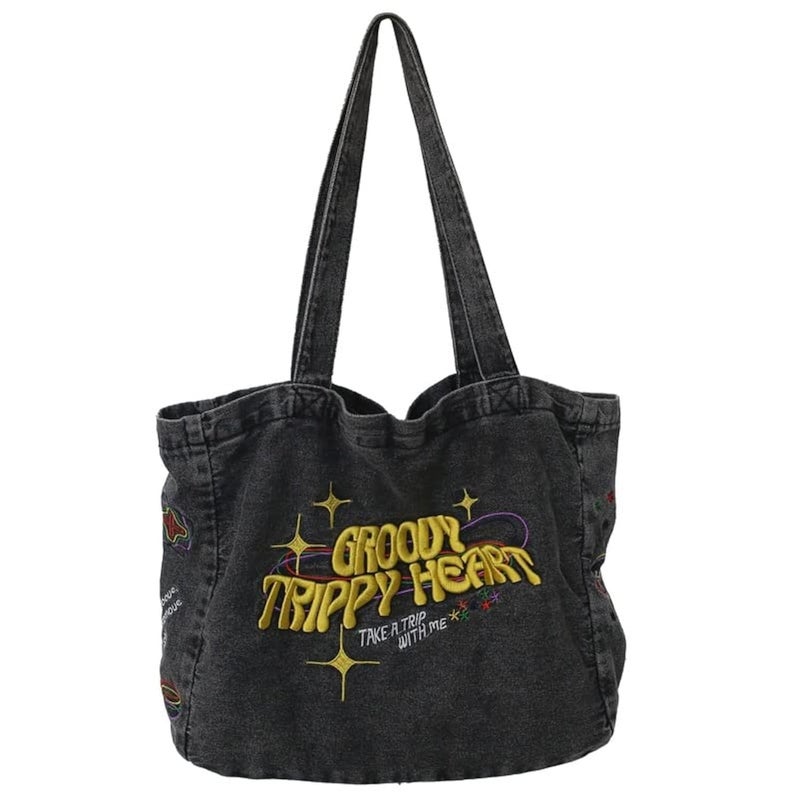 OATSBAS Crossbody Bags For Women Casual Denim Bags Embroidery Shoulder Bag Travel Zipper Handbag Tote Bag (Black) - Image 1