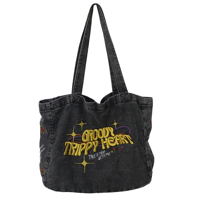 OATSBAS Crossbody Bags For Women Casual Denim Bags Embroidery Shoulder Bag Travel Zipper Handbag Tote Bag (Black) - Image 4