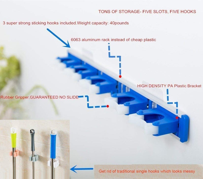 KR STORE Wall Mount Mop and Broom Holder Aluminium Alloy Organizer Storage Wall Racks 4 Position 5 Hooks for Shelving - Image 3