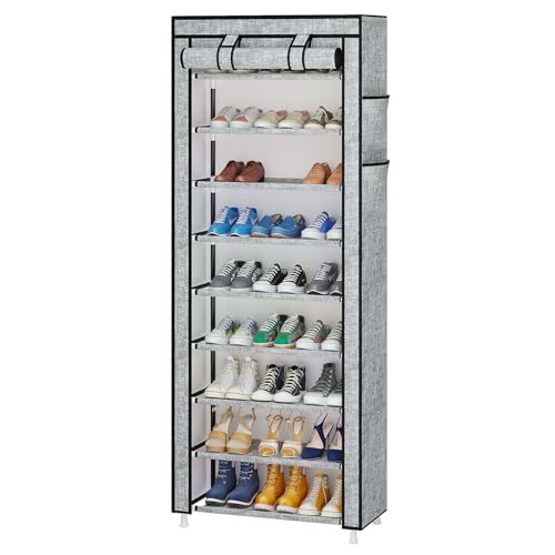 Calmootey 9 Tier Shoe Rack Organizer,Portable Shoe Shelf with Nonwoven Fabric Cover for Closet Hallway,Bedroom,Entryway, Ash Grey - Image 1