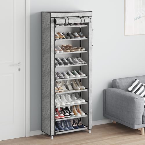 Calmootey 9 Tier Shoe Rack Organizer,Portable Shoe Shelf with Nonwoven Fabric Cover for Closet Hallway,Bedroom,Entryway, Ash Grey - Image 5