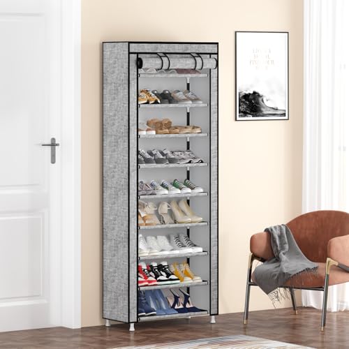 Calmootey 9 Tier Shoe Rack Organizer,Portable Shoe Shelf with Nonwoven Fabric Cover for Closet Hallway,Bedroom,Entryway, Ash Grey - Image 2