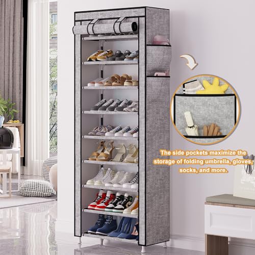 Calmootey 9 Tier Shoe Rack Organizer,Portable Shoe Shelf with Nonwoven Fabric Cover for Closet Hallway,Bedroom,Entryway, Ash Grey - Image 4