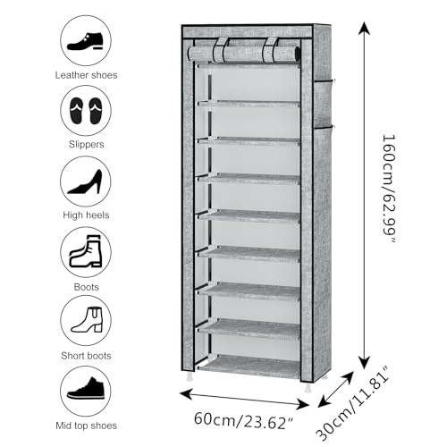 Calmootey 9 Tier Shoe Rack Organizer,Portable Shoe Shelf with Nonwoven Fabric Cover for Closet Hallway,Bedroom,Entryway, Ash Grey - Image 3