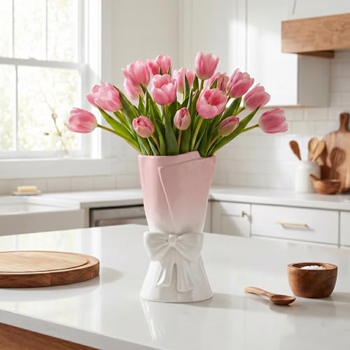 Relexome Pink White Ceramic Bow Vase 964 in Unique Cute Modern Decorative Bouquet Flower Vases for Home Living Room Table Decor - Image 3