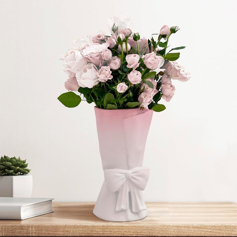 Relexome Pink White Ceramic Bow Vase 964 in Unique Cute Modern Decorative Bouquet Flower Vases for Home Living Room Table Decor - Image 2