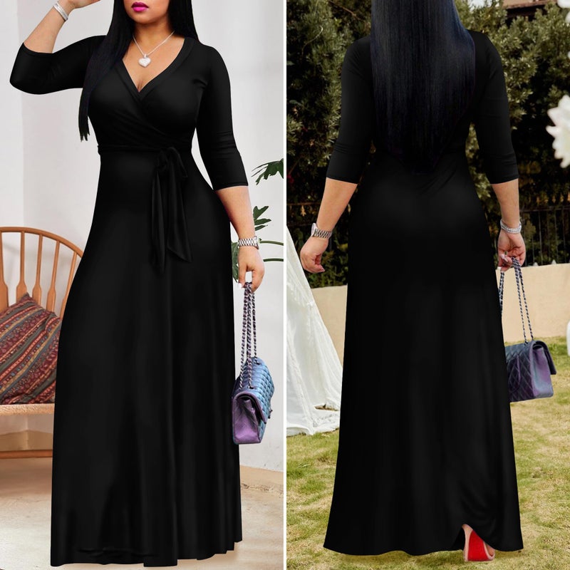 FANDEE Plus Size Maxi Dress for Women - Casual Summer Sundress V-Neck 3/4 Sleeve Solid Black 2XL - Image 5