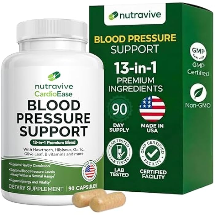 Nutravive 13-in-1 Heart Health Supplement – Supports Healthy Circulation & Blood Pressure Levels – with Hawthorn, Garlic, Olive Leaf, Hibiscus, B12, Juniper, Green Tea and More |GMP|90 Capsules| - Image 1