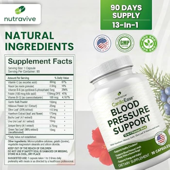 Nutravive 13-in-1 Heart Health Supplement – Supports Healthy Circulation & Blood Pressure Levels – with Hawthorn, Garlic, Olive Leaf, Hibiscus, B12, Juniper, Green Tea and More |GMP|90 Capsules| - Image 5