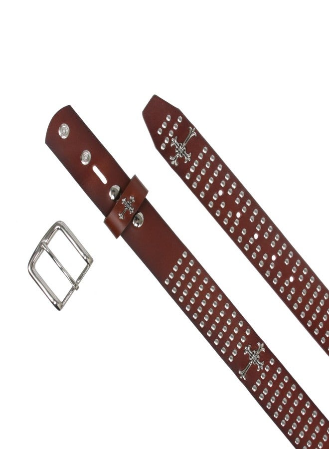 Beltiscool 1 1/2" Snap On Riveted Christian Religious Cross and Circle Studded Leather Belt, Brown | 38" - Image 3