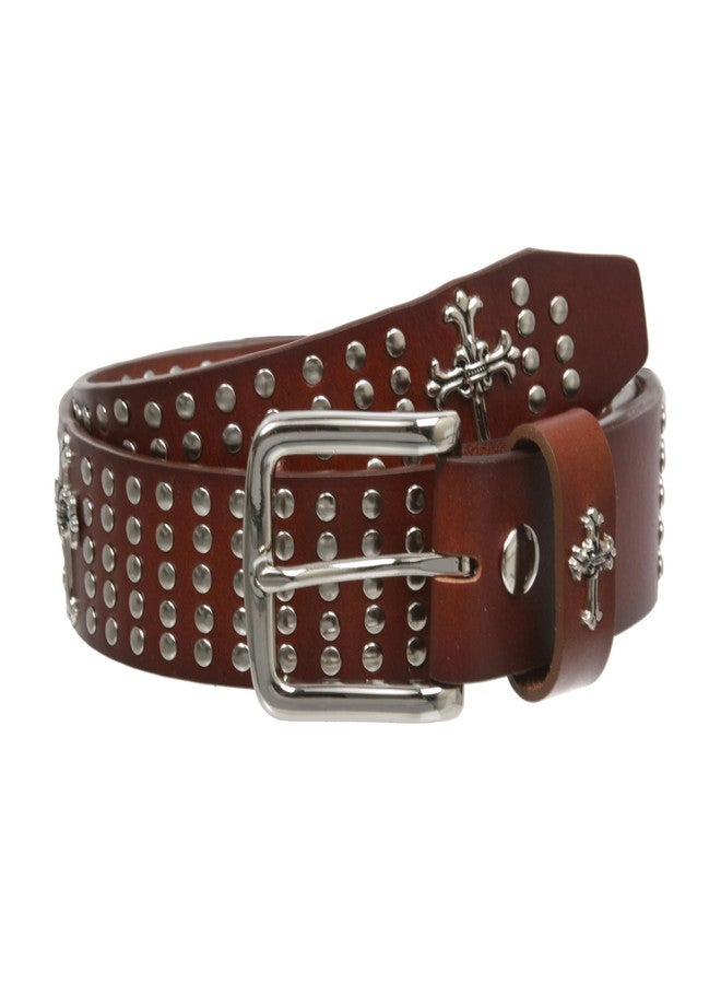 Beltiscool 1 1/2" Snap On Riveted Christian Religious Cross and Circle Studded Leather Belt, Brown | 38" - Image 1
