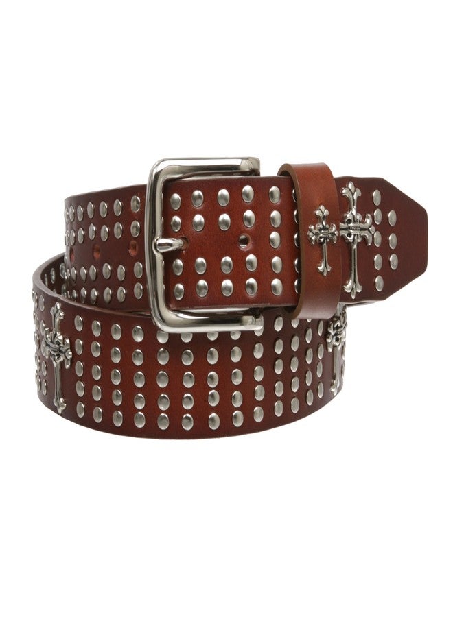 Beltiscool 1 1/2" Snap On Riveted Christian Religious Cross and Circle Studded Leather Belt, Brown | 38" - Image 2