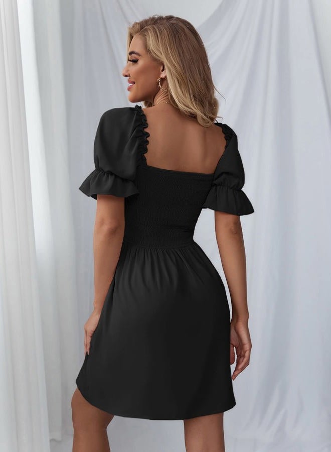 WDIRARA Women's Square Neck Flounce Short Sleeve Shirred Ruffle Hem Dress, Black, M - Image 2
