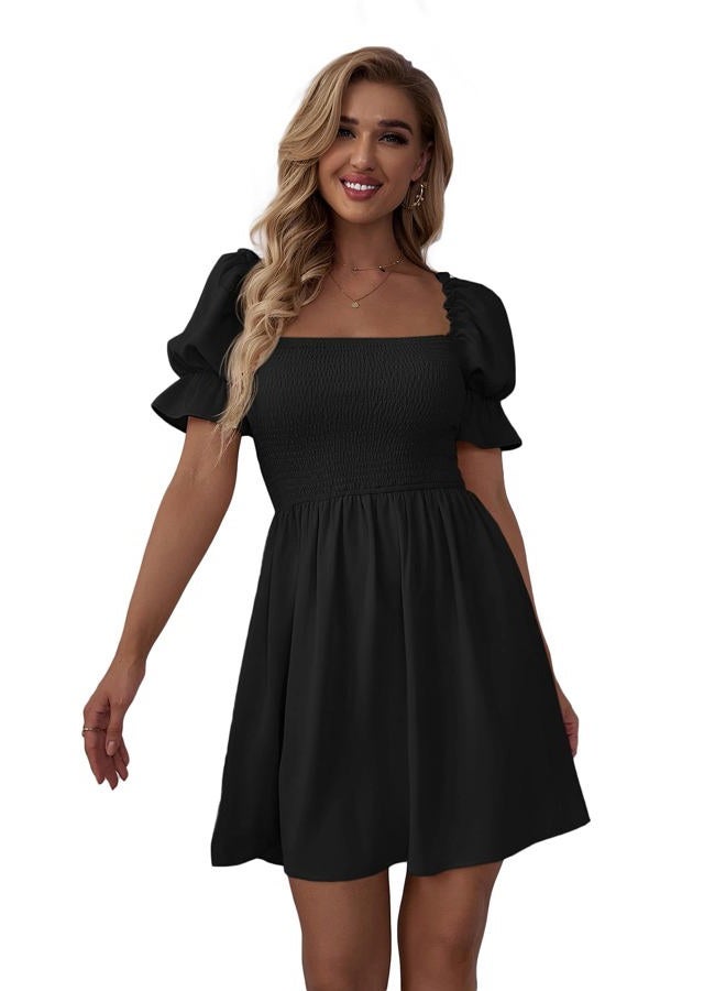 WDIRARA Women's Square Neck Flounce Short Sleeve Shirred Ruffle Hem Dress, Black, M - Image 1