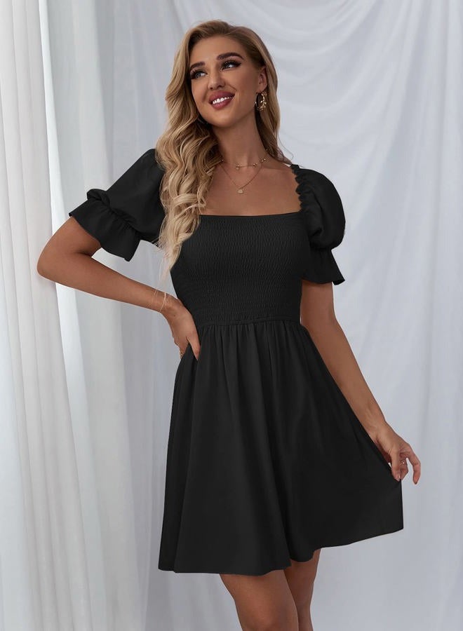 WDIRARA Women's Square Neck Flounce Short Sleeve Shirred Ruffle Hem Dress, Black, M - Image 3
