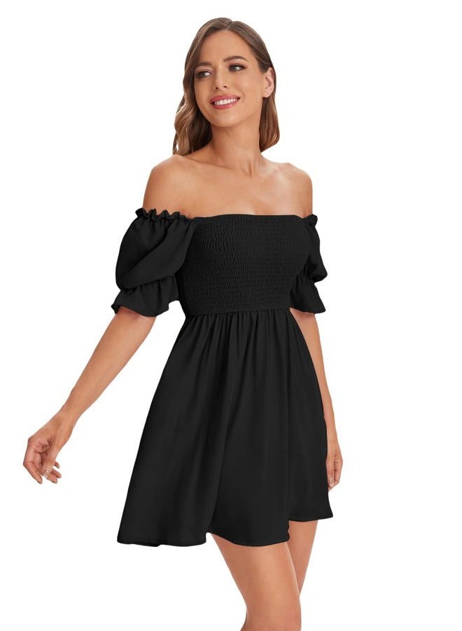 WDIRARA Women's Square Neck Flounce Short Sleeve Shirred Ruffle Hem Dress, Black, M - Image 4