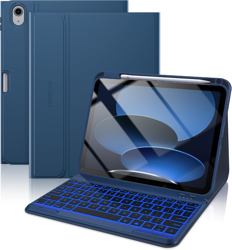 typecase غلاف لوحة مفاتيح تيبكيس فوليو لآيباد الجيل الحادي عشر/العاشر (11 بوصة A16 2025 و 10.9 بوصة 2022) – لوحة مفاتيح مغناطيسية لاسلكية قابلة للفصل، إضاءة خلفية بـ 7 ألوان، رفيع وخفيف، حامل للقلم – أزرق بحري - Image 1