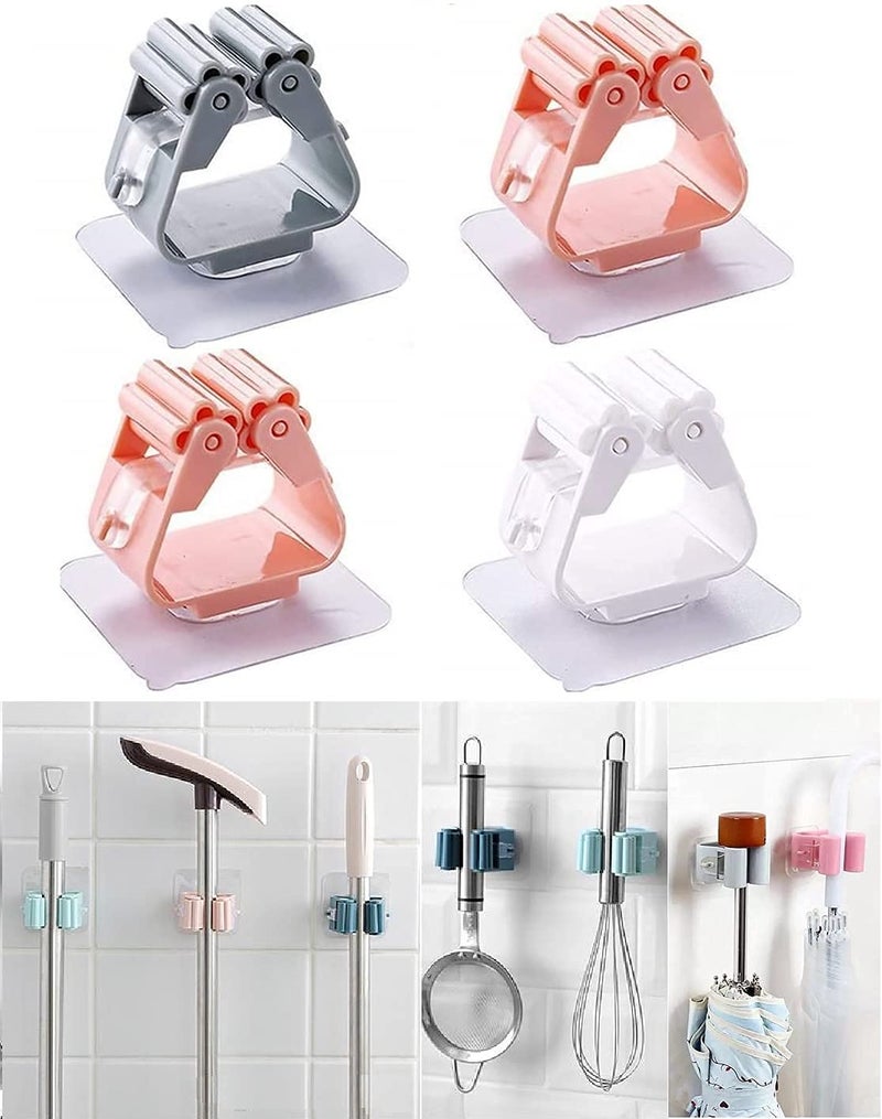 NOBILEA Mop Holder and Broom Holder AntiSlip Broom Mop Organizer Self Adhesive Broom Stick Holder Wall Mounted Multifunction Mop and Broom Holder Stand Wiper Holder on Wall Multicolor Pack of 4