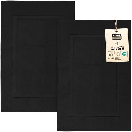 Utopia Towels Cotton Banded Rug, Bath Mats, Not a Bathroom Rug, 21 by 34 Inches, 100% Ring Spun Cotton, Highly Absorbent Shower Bathroom Floor Mat, Black, 2 Pack - Image 1