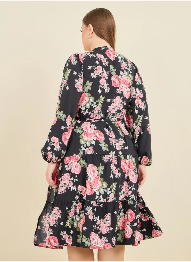 ستايلي Floral Print Tiered Wrap Midi Dress