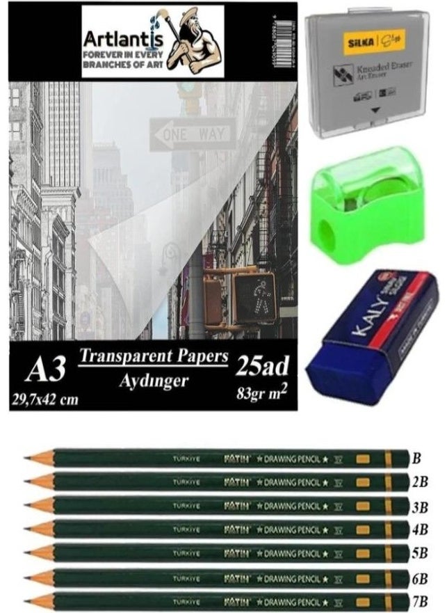 Artlantis Tracing Paper A3 83 gr 25 1 Pack Sketch Paper Fatih Graduated Pencil Dough Eraser Exam Eraser Pencil Sharpener  - Image 1