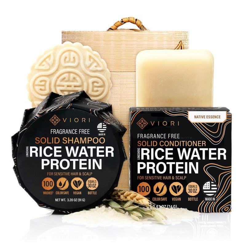 VIORI Native Essence Shampoo and Conditioner Bar Set and Bamboo Holder  Made with Rice Water for Hair Growth  Handcrafted Sulfate Free Shampoo and Conditioner