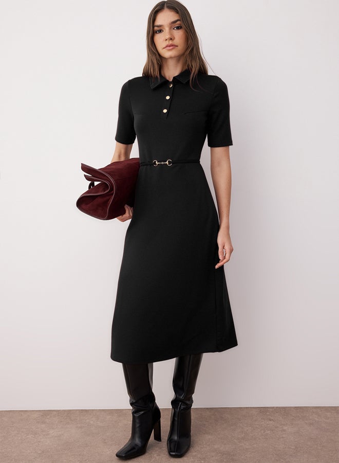 trendyol Black Belted Three Quarter Sleeve a Line/Flared Straight Midi Knitted Dress - Image 1