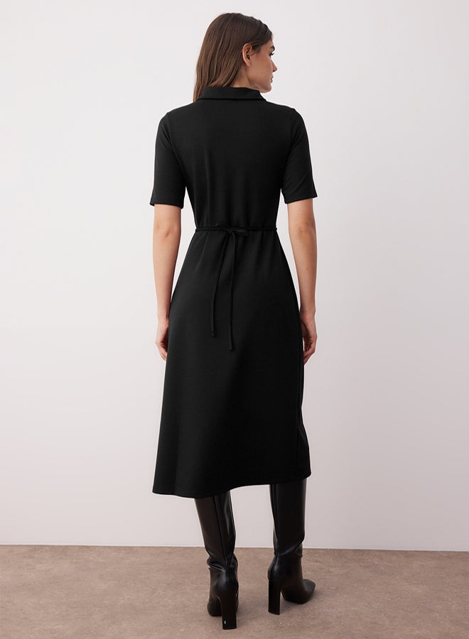 trendyol Black Belted Three Quarter Sleeve a Line/Flared Straight Midi Knitted Dress - Image 4