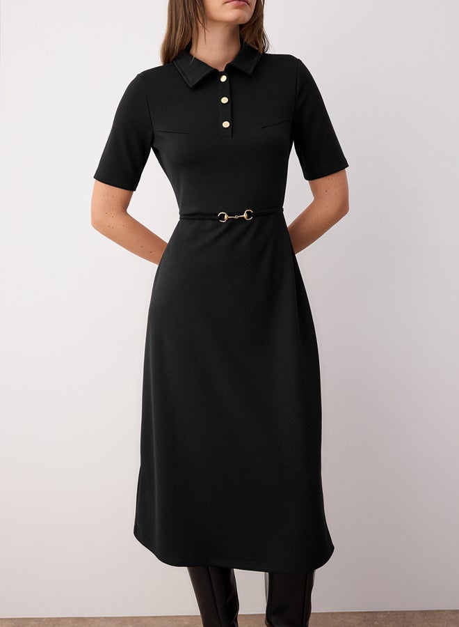 trendyol Black Belted Three Quarter Sleeve a Line/Flared Straight Midi Knitted Dress - Image 3