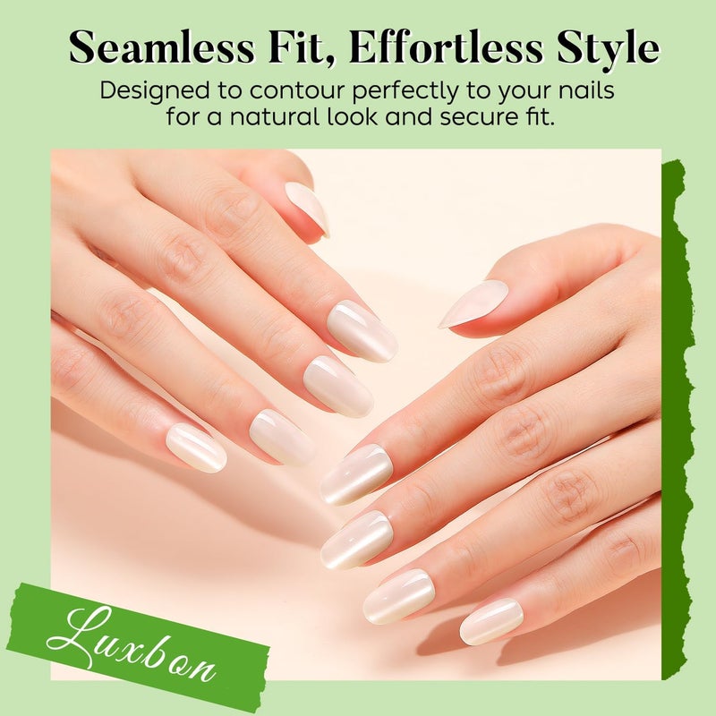 Luxbon Short Rounded Durable Press On Nails with No-Cure Nail Glue and Tool Kit - Cat Eye Soft Gel Tips 25-30 Pieces Full Size Set, Reusable Fake Nails, Stick On Nails, White Multi-budget available picks - Image 4