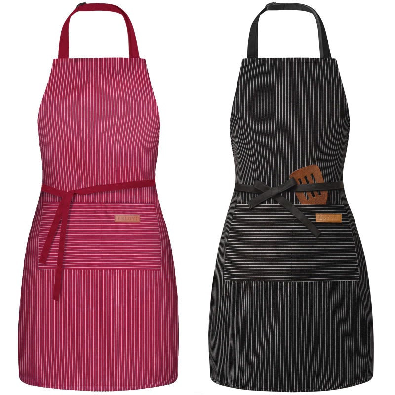 BeLuyi 2 Pack Adjustable Bib Apron with 2 Pockets Chef Cooking Kitchen Restaurant Aprons for Women Men WineBlack Pinstripes - Image 2