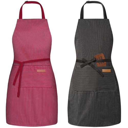 BeLuyi 2 Pack Adjustable Bib Apron with 2 Pockets Chef Cooking Kitchen Restaurant Aprons for Women Men WineBlack Pinstripes - Image 1