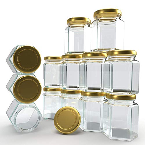 SITOVI Hexagon Glass Jar & Container with Rust Free Air Tight Lid, Suitable for Use in Your Home Office, Kitchen Storage/Glass Jar for Kitchen 250 ml (Gold lid, 9) - Image 1