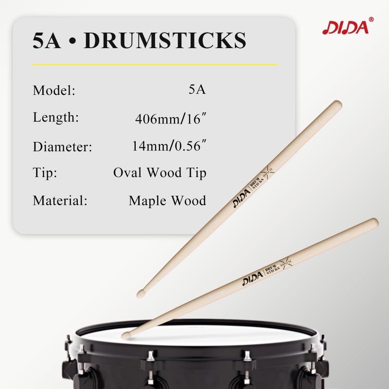 DIDA Drum Sticks, Drumsticks for Drum, Maple Wood Drumsticks, Wood Tip Drum Stick for Drums, Drum Stick for Musical Instrument Percussion, Drumstick for Beginners (1 Pair, 5A) - Image 2