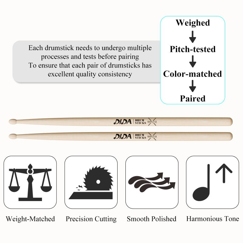 DIDA Drum Sticks, Drumsticks for Drum, Maple Wood Drumsticks, Wood Tip Drum Stick for Drums, Drum Stick for Musical Instrument Percussion, Drumstick for Beginners (1 Pair, 5A) - Image 3