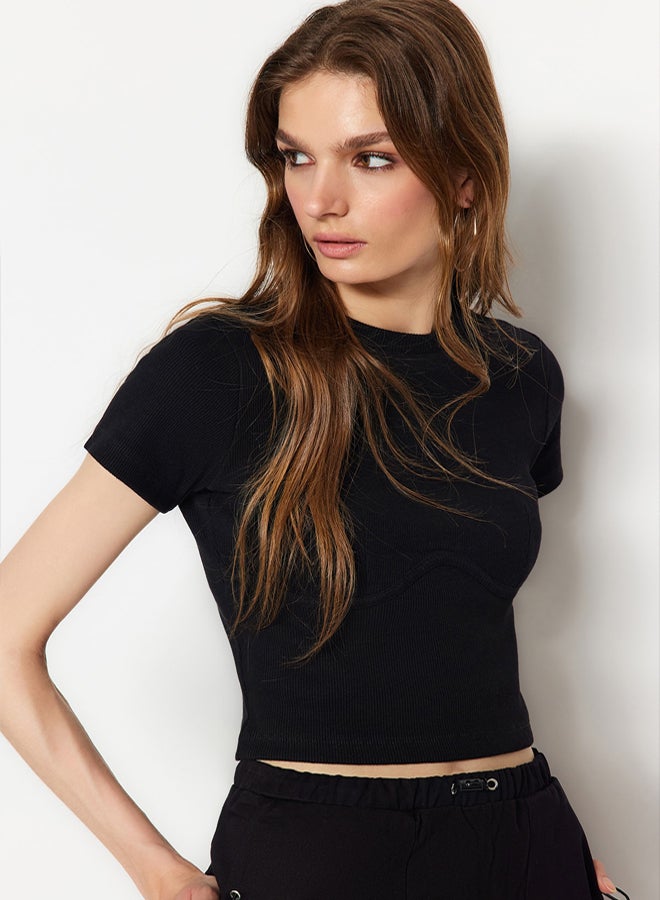 trendyol Black Piping Detailed Crew Neck Crop Ribbed Elastic Knitted Blouse - Image 1