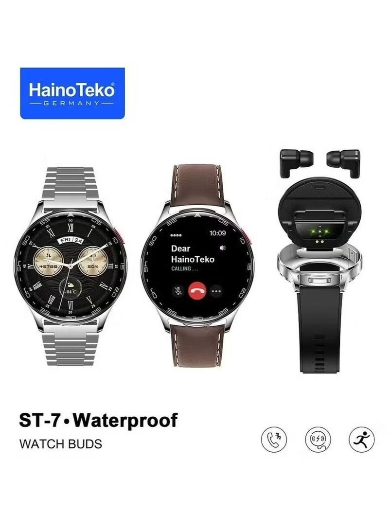 Haino Teko ST-7 Waterproof Smartwatch with Integrated Earbuds | Large AMOLED Display -- 3 Pairs of Straps & Charging Cable | Silver  - Image 1