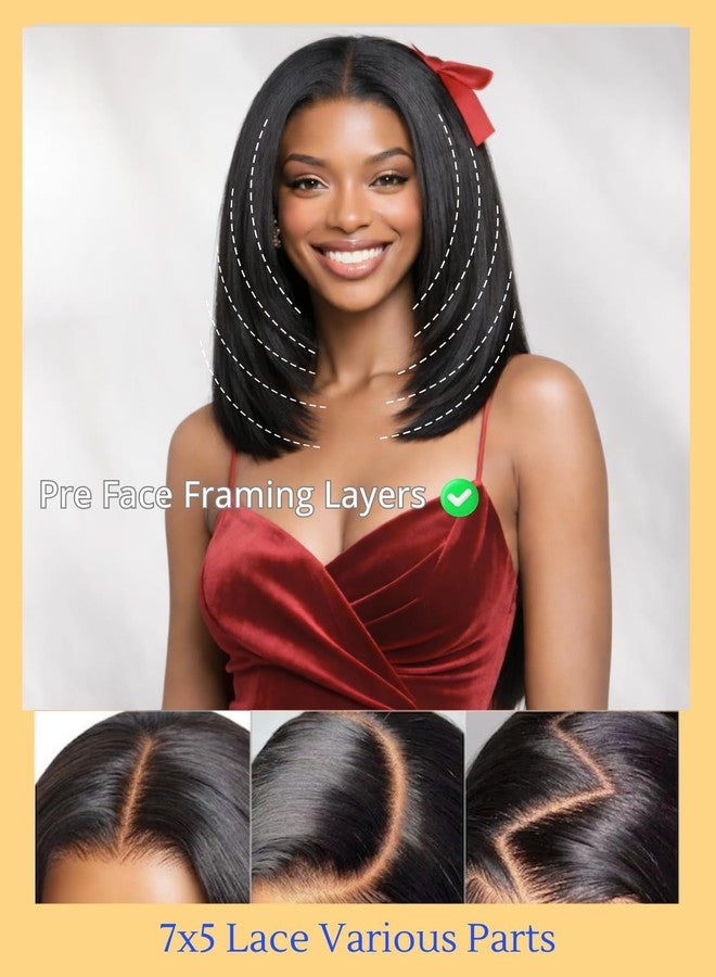 Nadula Yaki Straight Bob Drawstring Wig Human Hair with Face Framing Layers 180% Density, Glueless 7x5 Bye Bye Knots Wig Pre Cut/Plucked/Bleached Knots Ready to Go Short Layered Yaki Bob Wig 10inch - Image 3