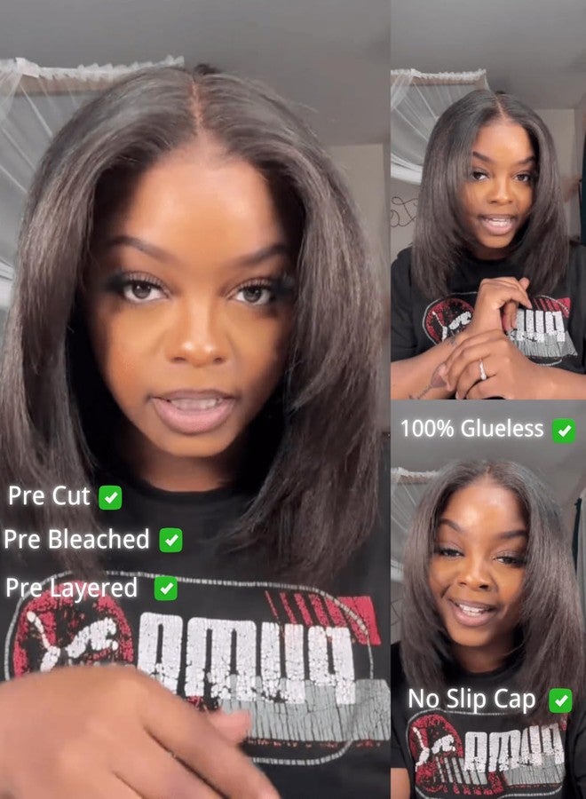 Nadula Yaki Straight Bob Drawstring Wig Human Hair with Face Framing Layers 180% Density, Glueless 7x5 Bye Bye Knots Wig Pre Cut/Plucked/Bleached Knots Ready to Go Short Layered Yaki Bob Wig 10inch - Image 2